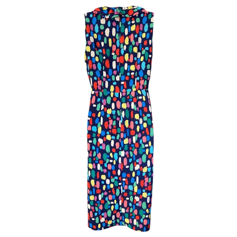 Maggy London Colorful Print Midi Dress 6 Ruched Ruffle V Neck Artsy Cocktail - Picture 10 of 15